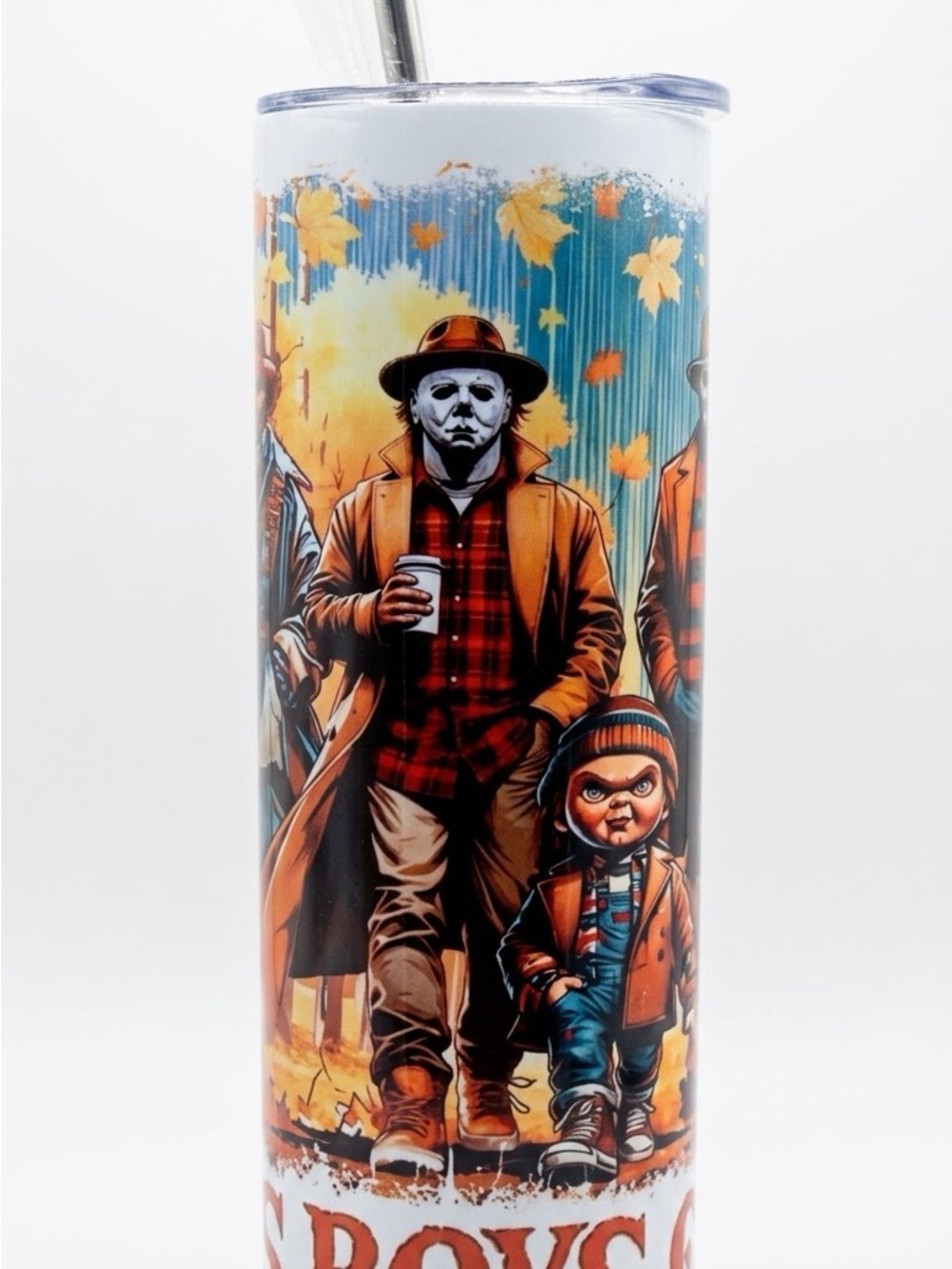 Horror Characters Fall Scene Stainless Tumbler -The Boys of Fall, NEW!